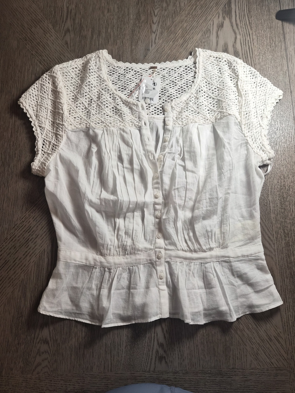 Free People Cream Crochet Yoke Button-Front Blouse